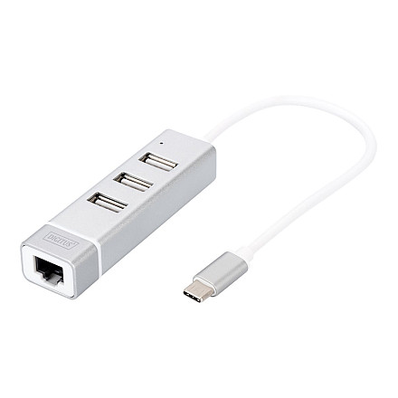 Digitus | 3-portowy koncentrator USB typu C + karta sieciowa Fast Ethernet | DA-70253 - 1