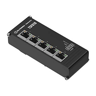 Teltonika TSF010 Unmanaged Industrial Switch, 3-pin industrial DC power socket, 7 – 57 VDC, Integrated DIN rail bracket