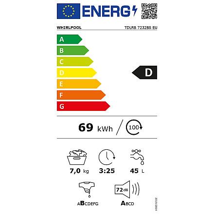 Whirlpool Washing Machine | TDLRB 7232BS EU | Energy efficiency class D | Top loading | Washing capacity 7 kg | 1200 RPM | Depth 60 cm | Width 40 cm | LED | White - 8
