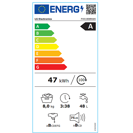 LG Washing Machine | F4X1008NWK | Energy efficiency class A | Front loading | Washing capacity 8 kg | 1350 RPM | Depth 56 cm | Width 60 cm | LED | Steam function | Direct drive | Wi-Fi | White - 6