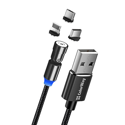 ColorWay Cable 3in1 (Lightning+MicroUSB+Type-C) Magnetic Rotation 540° 2.4А, 1m | CW-CBUU037-BK - 1