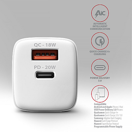 AXAGON Wallcharger 2x port (USB-A + USB-C), 20W | ACU-PQ20W - 4
