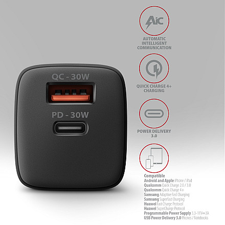 AXAGON Sil wallcharger 2x port (USB-A + USB-C), 30W | ACU-PQ30 - 4