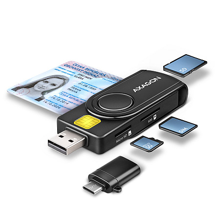 AXAGON Compact travel USB-A + USB-C contact Smart/ID card and SD/microSD/SIM card reader | CRE-SMP2A - 1