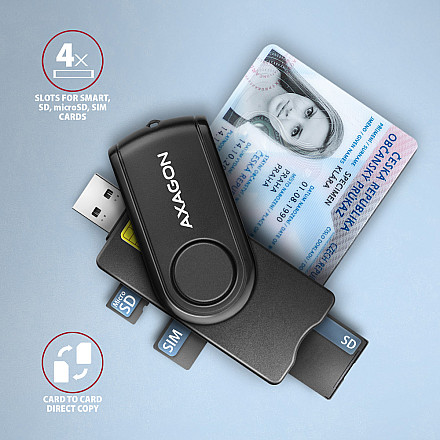 AXAGON Compact travel USB-A + USB-C contact Smart/ID card and SD/microSD/SIM card reader | CRE-SMP2A - 3