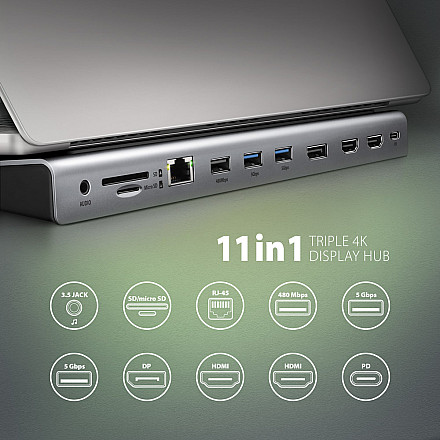 AXAGON USB-C 5Gbps TRIPLE 4K DISPLAY 11in1 Hub | HMC-4KX3 - 2