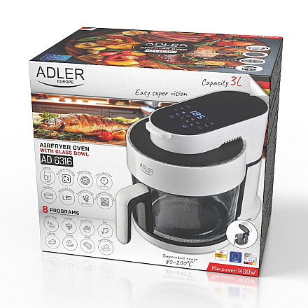 Adler Air Fryer Oven with Glass Bowl | AD 6316 | Power 1200 W | Capacity 3 L | Convection | White/Black - 2