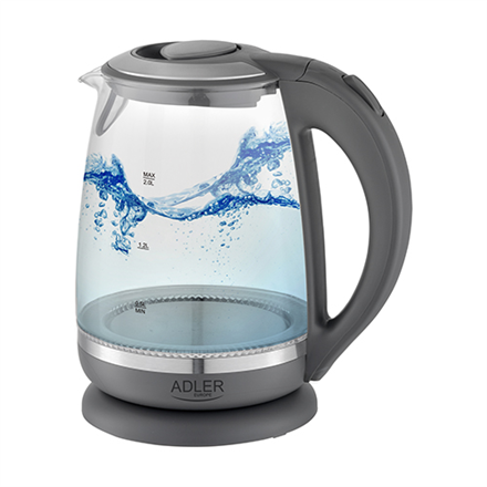 Adler | Czajnik | AD 1286 | Standard | 2200 W | 2 L | Plastik/szkło | Podstawa obrotowa 360° | Szary/przezroczysty - 1