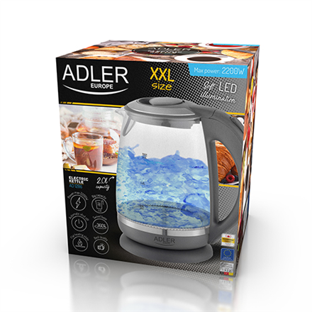 Adler | Czajnik | AD 1286 | Standard | 2200 W | 2 L | Plastik/szkło | Podstawa obrotowa 360° | Szary/przezroczysty - 4