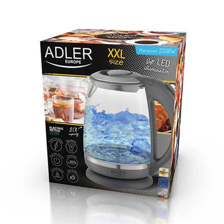Adler | Czajnik | AD 1286 | Standard | 2200 W | 2 L | Plastik/szkło | Podstawa obrotowa 360° | Szary/przezroczysty - 12