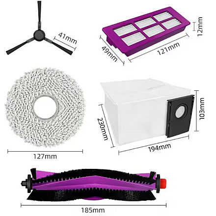 Midea V15 Spare Parts kit: 1x Side Brush, 2x Mop Pad, 1x Roller Brush, 1x Filter, 1x Dust Bag - 1