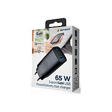 Cablexpert 3-port 65 W GaN USB PowerDelivery fast charger | TA-UC-PDQC65-01-BK