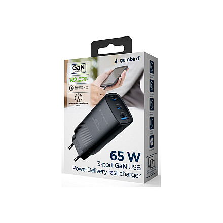 Cablexpert 3-port 65 W GaN USB PowerDelivery fast charger | TA-UC-PDQC65-01-BK - 1