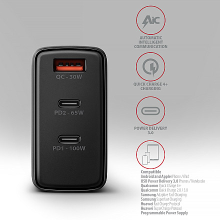 AXAGON GaN wallcharger, 3x port (USB-A + 2x USB-C), PD3.0 - 4