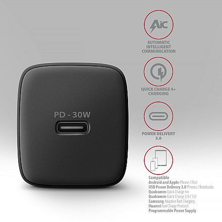 AXAGON Sil wallcharger 1x port USB-C, PD3.0/PPS/QC4+/SFC/AFC/Apple, 30W | ACU-PD30 - 3