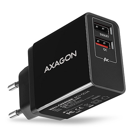AXAGON Dual wallcharger 240V/2x USB port QC3.0/AFC/FCP and 5V-1.2A, 24W | ACU-QS24 - 1