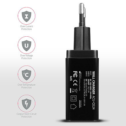 AXAGON Dual wallcharger 240V/2x USB port QC3.0/AFC/FCP and 5V-1.2A, 24W | ACU-QS24 - 5