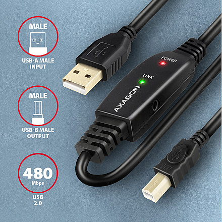 AXAGON USB repeater cable, 15m | ADR-215B | USB Type A - USB Type B - 2