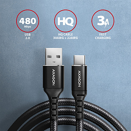AXAGON Data and charging USB 2.0 cable, 1 m | BUCM-AM10AB | USB-C to USB-A - 2