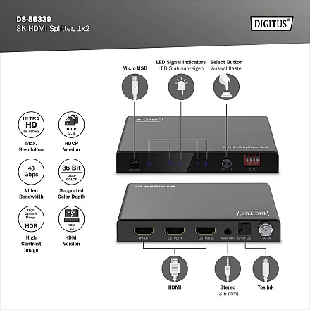 Digitus 8K HDMI Splitter, 1x2 | DS-55339 | Black - 6