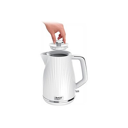 Czajnik elektryczny TEFAL KO250130 o mocy 2400 W i pojemności 1.7 L - plastikowy, biały kociołek z obrotową podstawą 360°. - 6