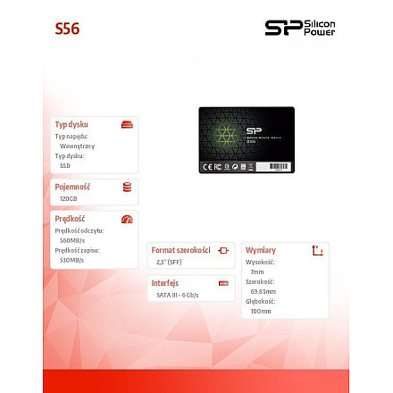 Silicon Power | S56 | 120 GB | Format SSD 2,5" | Interfejs SSD SATA | Prędkość odczytu 460 MB/s | Prędkość zapisu 360 MB/s - 4