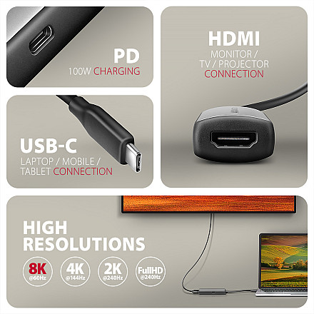 Адаптер AXAGON RVC-HI8KPD USB-C -> HDMI 2.1, 8K/60Hz, 4K/144Hz, HDR10+, PD 100W | AXAGON - 4