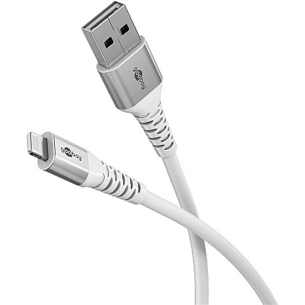 Goobay Lightning USB-A Supermiękki kabel tekstylny z metalowymi wtyczkami, 1 m, biały - 1