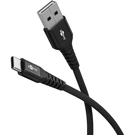 Goobay Kabel USB-C do USB-A Supersoft Textile z metalowymi wtyczkami, 2 m, czarny | Goobay - 1