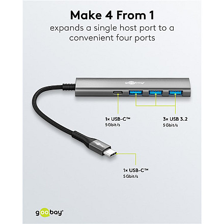 Goobay 76562 Slim 4-portowy koncentrator USB, USB-C auf USB-C™/USB-A, 5 Gbit/s, szary - 5