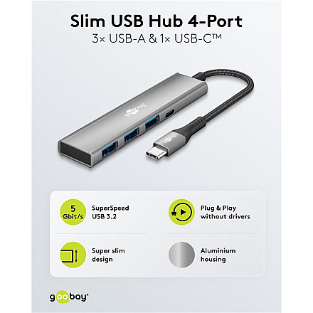 Goobay 76562 Slim 4-portowy koncentrator USB, USB-C auf USB-C™/USB-A, 5 Gbit/s, szary - 4