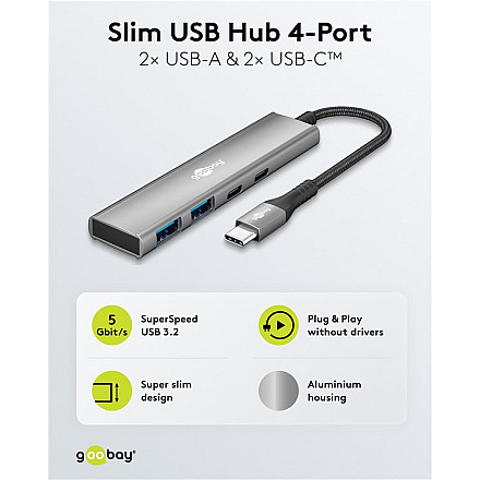 Goobay 76563 Slim 4-portowy koncentrator USB, USB-C™ auf USB-C™/USB-A, 5 Gbit/s, сірий - 4