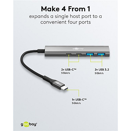 Goobay 76563 Slim 4-portowy koncentrator USB, USB-C™ auf USB-C™/USB-A, 5 Gbit/s, сірий - 5