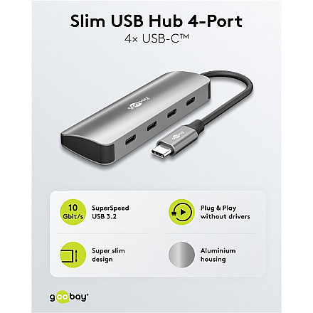 Goobay 76565 Slim 4-portowy koncentrator USB, USB-C™ auf USB-C™, 10 Gbit/s, сірий - 4