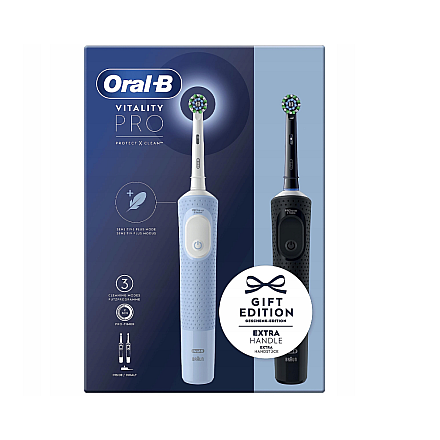 Електрична зубна щітка Oral-B Vitality Pro Duo з 2 насадками, 3 режимами чищення, акумуляторна, для дорослих, чорна/синя/біла - 5