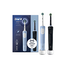Електрична зубна щітка Oral-B Vitality Pro Duo з 2 насадками, 3 режимами чищення, акумуляторна, для дорослих, чорна/синя/біла