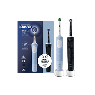 Електрична зубна щітка Oral-B Vitality Pro Duo з 2 насадками, 3 режимами чищення, акумуляторна, для дорослих, чорна/синя/біла