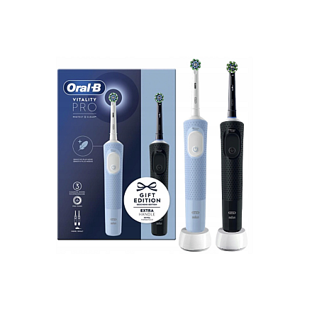 Електрична зубна щітка Oral-B Vitality Pro Duo з 2 насадками, 3 режимами чищення, акумуляторна, для дорослих, чорна/синя/біла - 1