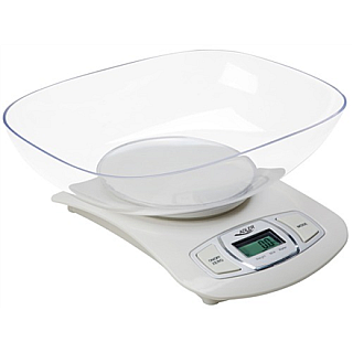 Adler AD 3137 Kitchen scale, Capacity 5 kg, Division 1 g, Large LCD display, Automatic zeroing/Auto-off, Large bowl, White Adler