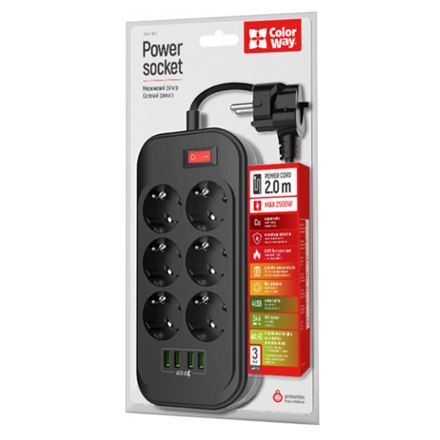 ColorWay CW-CHE64B Power Socket Colorway:6 plugs/4USB Black 2M - 11