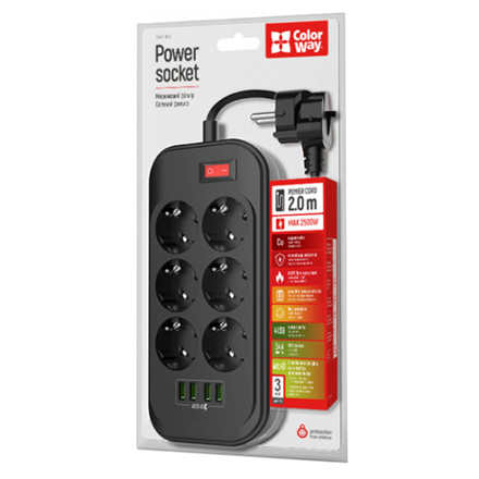 ColorWay CW-CHE64B Power Socket Colorway:6 plugs/4USB Black 2M - 4