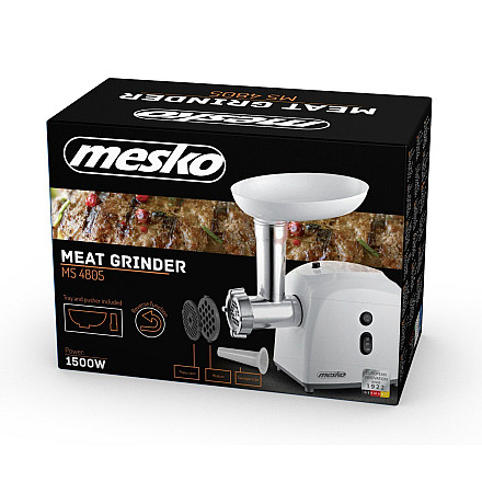 Mesko MS 4805 Maszynka do mielenia mięsa, Moc 600W, Misa, Sitko średniej wielkości, Sitko do mielenia mięsa, Sitko do maku, Tłok, Nadziewarka do kiełbas Mesko | Mesko MS 4805 | Biały | Sitko średniej - 9