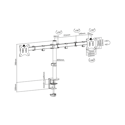 Digitus Desk Mount Swivel, Height adjustment 15-32 