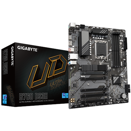 Gigabyte | B760 DS3H 1.0 M/B | Rodzina procesorów Intel | Gniazdo procesora LGA1700 | DDR5 DIMM | Gniazda pamięci 4 | Obsługiwane interfejsy dysków twardych SATA, M.2 | Liczba złączy SATA 4 | Chipset - 5