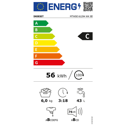 INDESIT | MTWSE 61294 WK EE | Pralka | Klasa efektywności energetycznej C | Ładowana od frontu | Pojemność prania 6 kg | 1151 obr/min | Głębokość 42,5 cm | Szerokość 59,5 cm | Wyświetlacz | Big Digit - 2