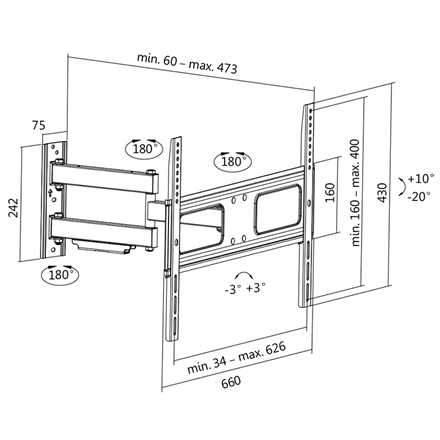 Logilink BP0019 Uchwyt ścienny do TV, 37"-70", pochylenie +10°-20°, obrót +-90°, 473 mm Logilink | Uchwyt ścienny | BP0019 | 37-70 " | Maksymalna waga (udźwig) 50 kg | Czarny - 2
