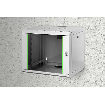 Szafa ścienna Digitus DN-19 09-U, szara, Klasa ochrony IP: IP20; Drzwi frontowe: Drzwi szklane, pojedyncze otwierane; Typ szafy: Szafa ścienna; Głębokość montażu sprzętu min.-maks.: 305-37 - 4