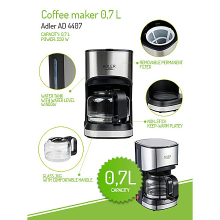 Adler | Кавомашина | AD 4407 | Drip | 550 W | чорний - 4