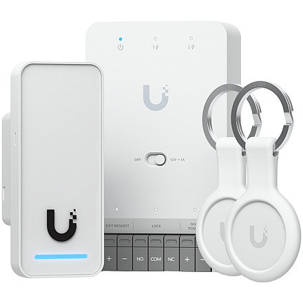 Ubiquity UA-G3-SK all-in-one kit for UniFi Access, designed to manage a single door with one reader. Supports seamless setup and Apple Touch Pass for modern, secure access control, Door Hub Mini, G3 Reader, 2x Pocket Keyfobs - 1